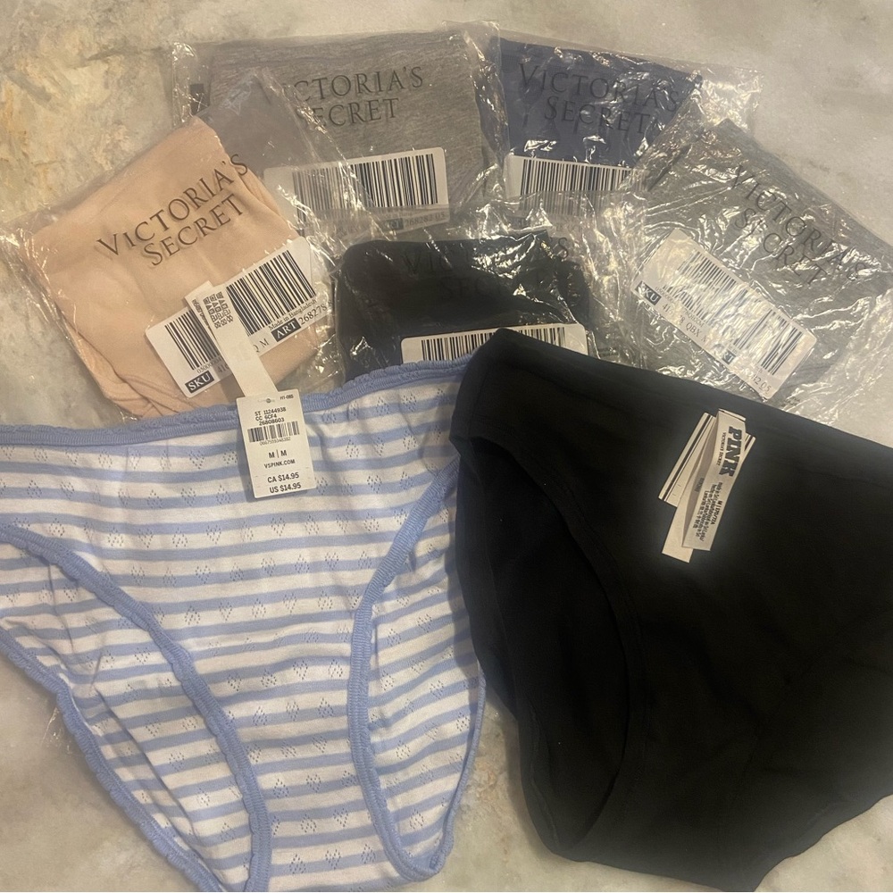 NWT Victoria’s Secret Pink 8 pair panties. Bikini. Grey blue tan black size M